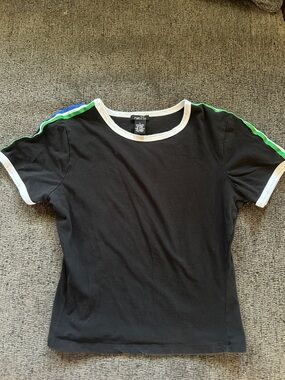 rue21 Black Cropped Tee with Green & Blue Shoulder Stripes